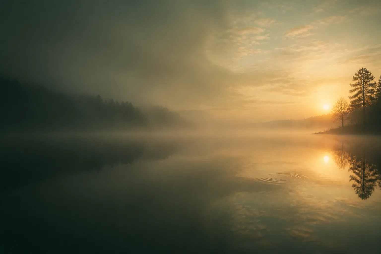 Still water at dawn under soft mist